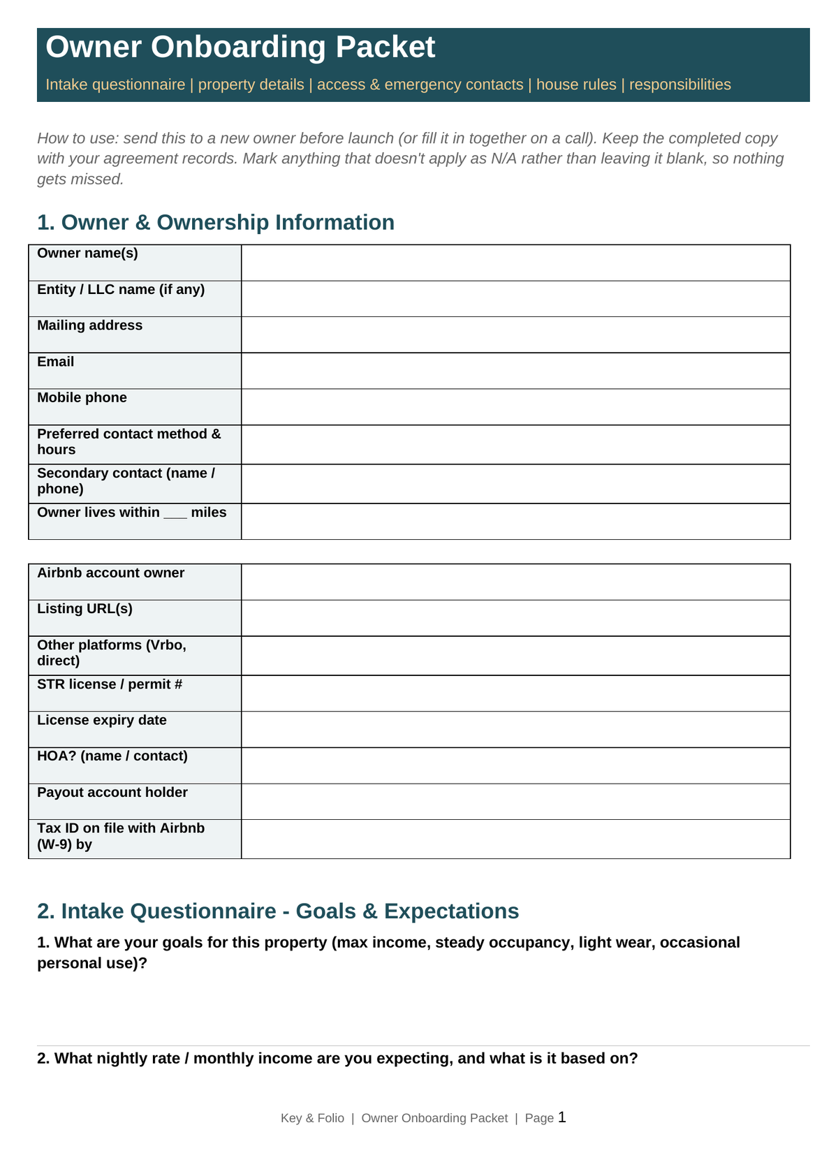 Owner onboarding packet intake form